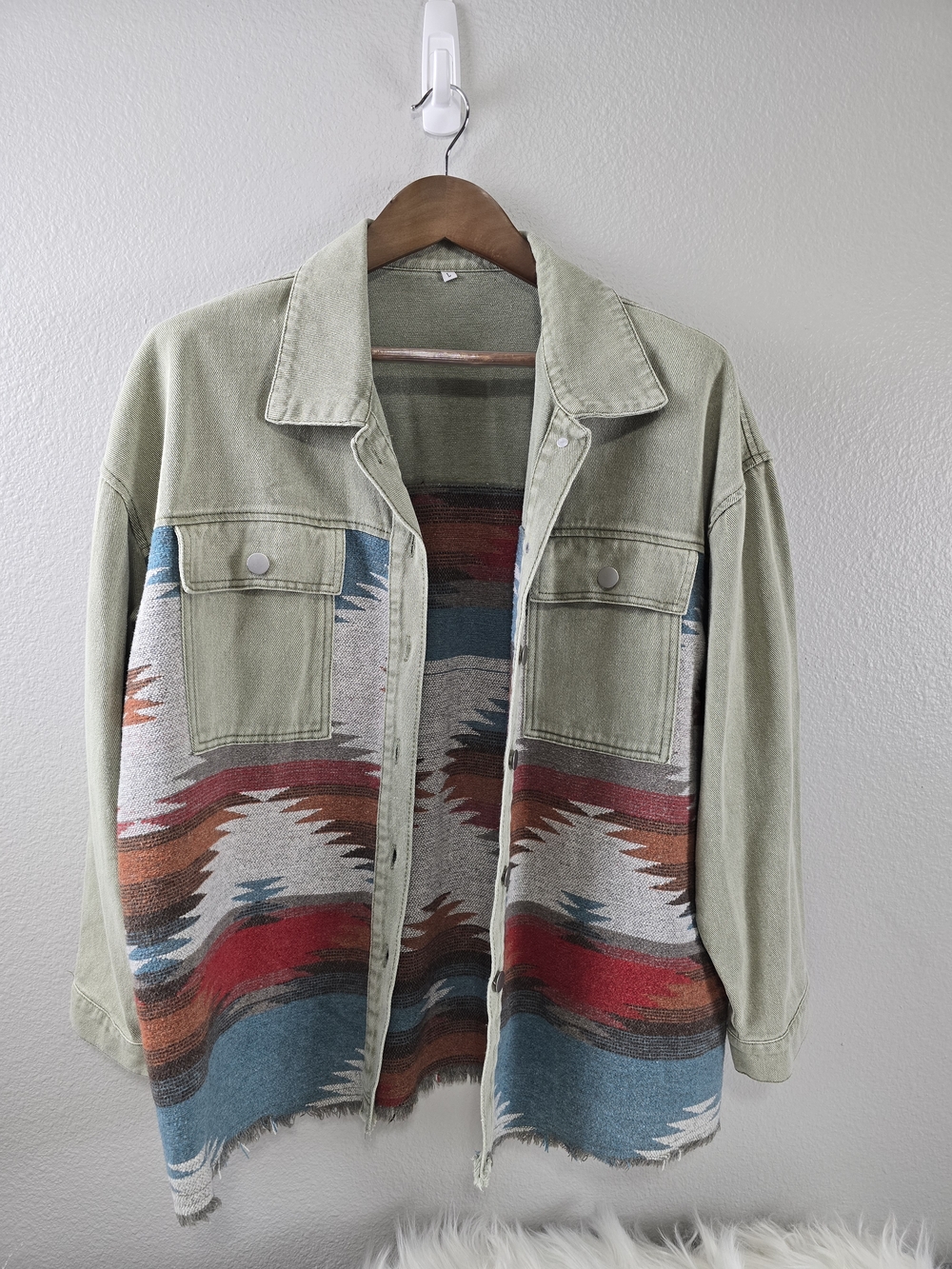 Olive Green Denim Jacket with Southwestern Woven Panels